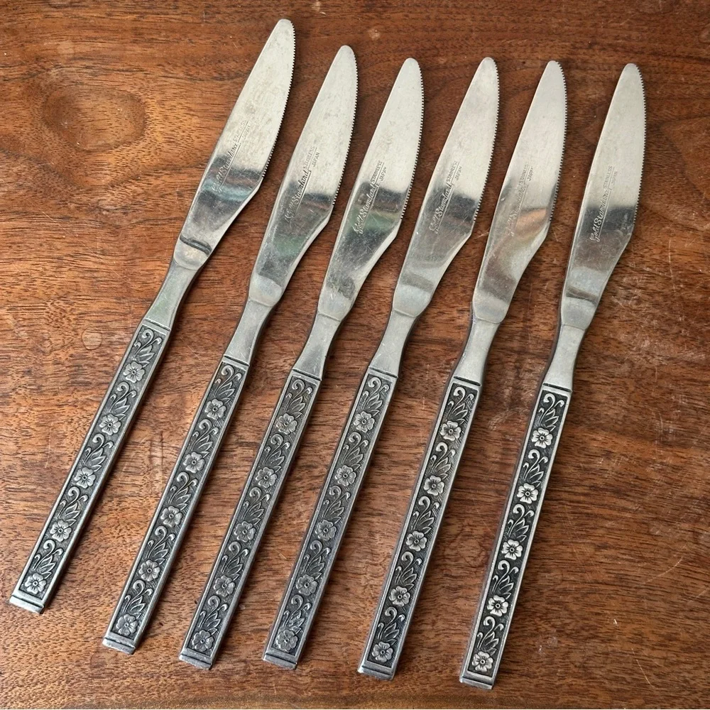 Stainless Knife Set Floral Design Flatware Butter Knives Vintage Kitchen MCM